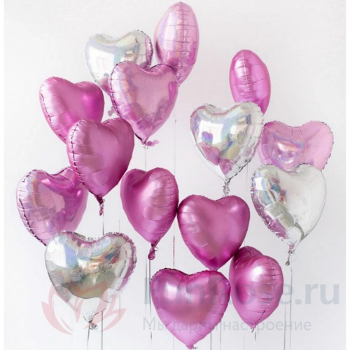 Гелиевые шары FunRose 15 Шариков Сердце, розовые и серебрянные 