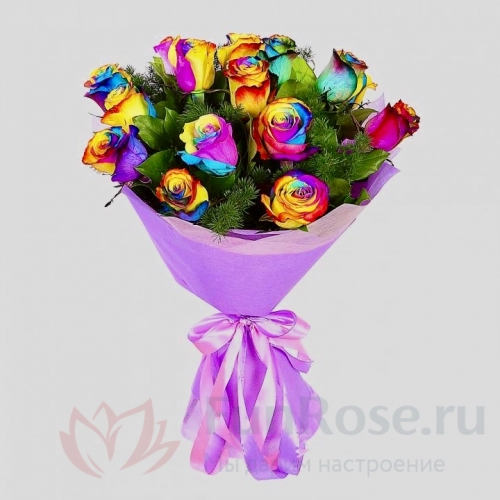 Радужная роза FunRose 15 Роз Радужных (70 см) 