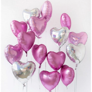 FunRose 15 Шариков Сердце, розовые и серебрянные Гелиевые шары